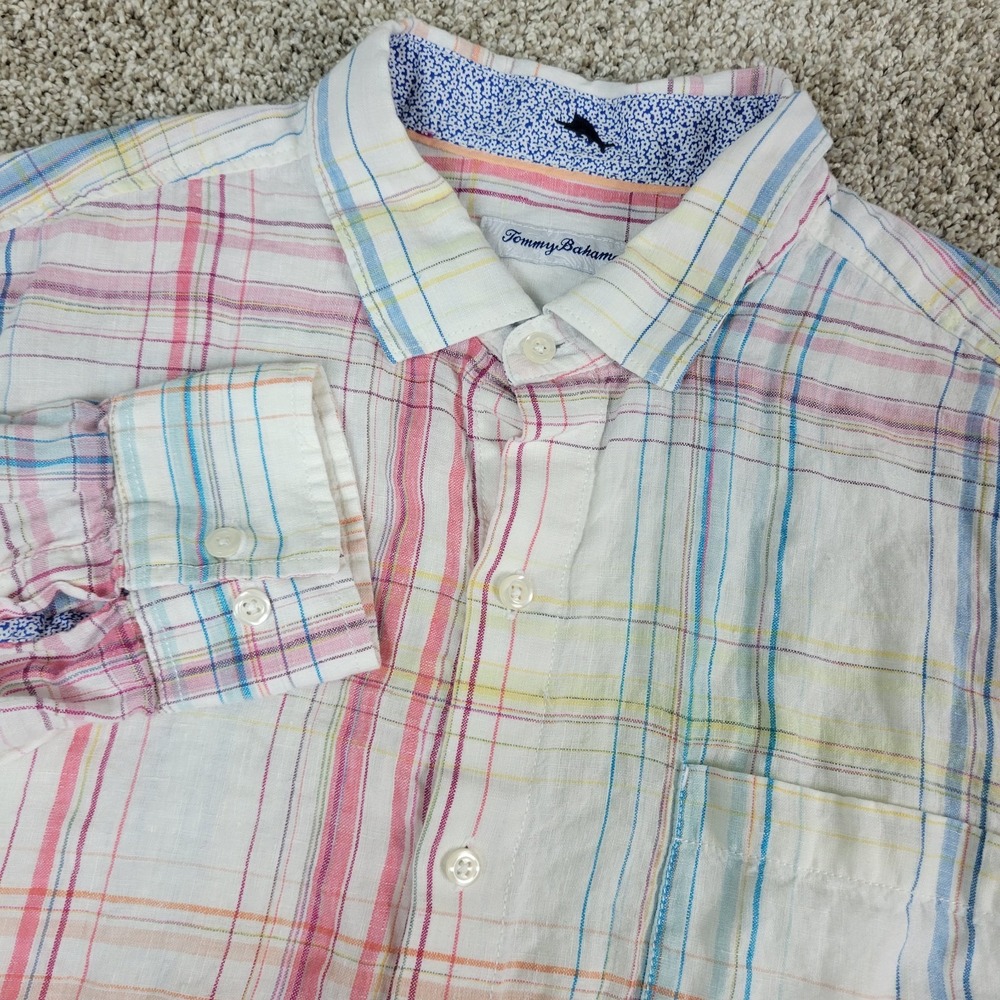 Tommy Bahama Mens Large White Plaid Button Up Long Sleeve 100% Linen